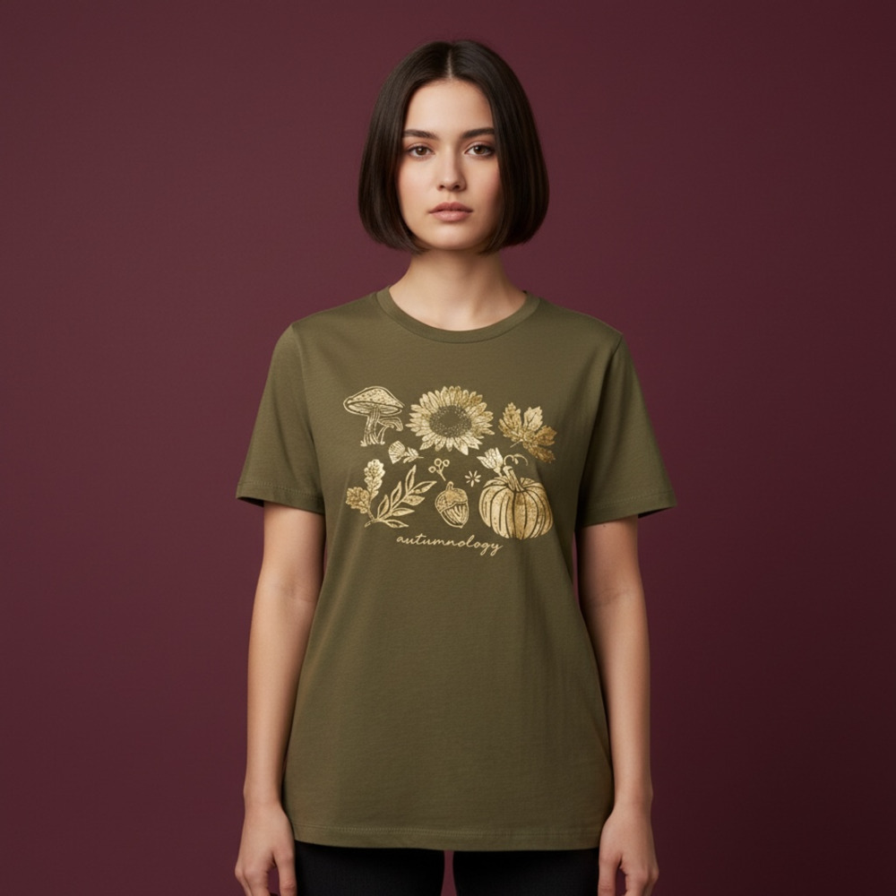 Maurices Autumnology Graphic T-Shirt Size XS Olive Green Fall Flowers